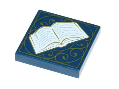Dark Blue Tile 2 x 2 with Book, Open and Gold Scrollwork Pattern