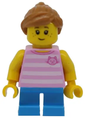Child - Girl, Bright Pink Striped Shirt with Cat Head, Dark Azure Short Legs, Medium Nougat Ponytail