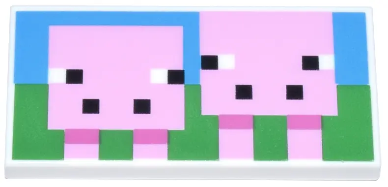 White Tile 2 x 4 with Pixelated Bright Pink Minecraft Pig and Baby Pig on Green Grass and Dark Azure