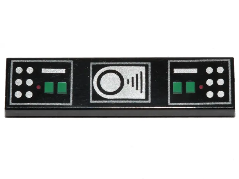 Black Tile 1 x 4 with Control Panels with Green, Red and Silver Lights and Buttons Pattern (BrickHea