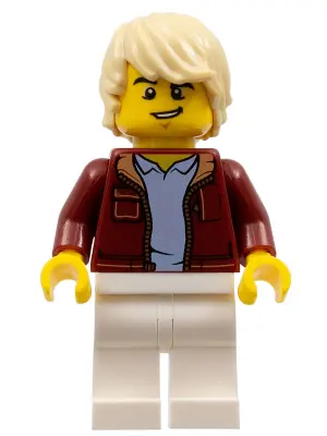 Man, Dark Red Jacket with Bright Light Blue Shirt, White Legs, Tan Tousled Hair, Lopsided Grin (Car 