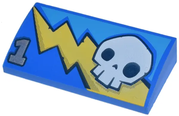 Blue Slope, Curved 2 x 4 x 2/3 with Bottom Tubes with Yellow Lightning Bolt, White Skull, and Silver