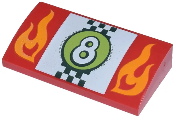 Red Slope, Curved 2 x 4 x 2/3 with Bottom Tubes with Orange Flames, White Number 8 in Lime Circle ov