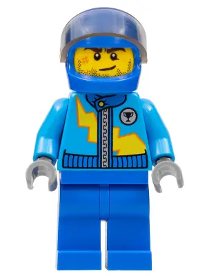 Dark Azure Racing Jacket with Zipper and Yellow Lightning Bolt Pattern, Blue Helmet, Trans-Brown Vis