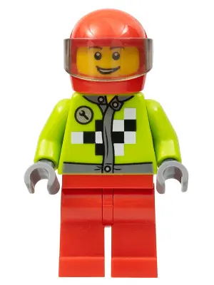 Lime Jacket with Wrench and Black and White Checkered Pattern, Red Legs, Red Helmet, Trans-Brown Vis