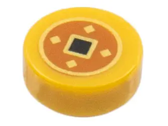 Pearl Gold Tile, Round 1 x 1 with Black and Gold Squares in Dark Orange Circle Pattern (Chinese Luck