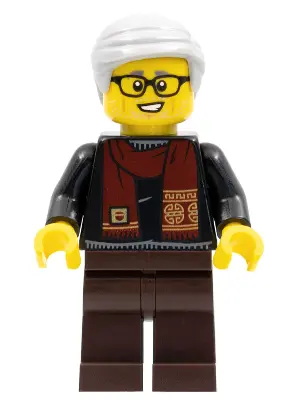 Grandfather, Black Shirt with Dark Red Scarf, Dark Brown Legs, Light Bluish Gray Hair