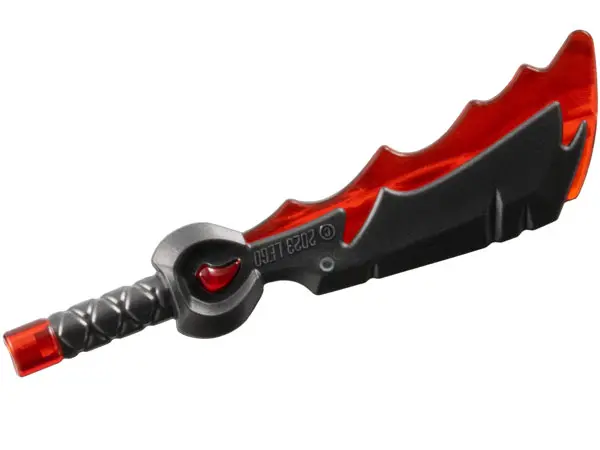 Pearl Dark Gray Minifigure, Weapon Sword with Molded Trans-Red Pommel, Jewel in Hilt, and Trailing E