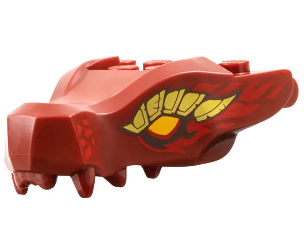 Dark Red Dragon Head (Ninjago) Jaw with 2 Bar Handles on Back with Bright Light Orange Eyes, Gold Sc