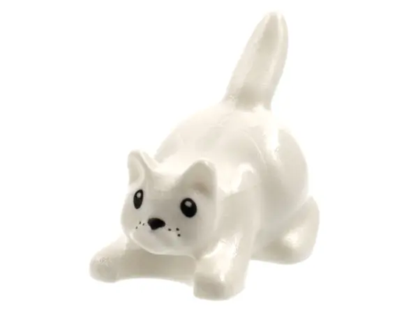 White Cat, Crouching with Black Eyes, Nose and Whisker Dots Pattern