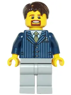 Businessman Pinstripe Jacket and Gold Tie, Light Bluish Gray Legs, Dark Brown Hair Short Tousled wit