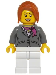 Dark Bluish Gray Jacket with Magenta Scarf, White Legs, Dark Orange Hair Ponytail Long with Side Ban