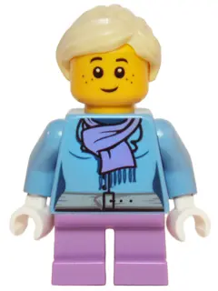 Medium Blue Jacket with Light Purple Scarf, Medium Lavender Short Legs, Bright Light Yellow Ponytail