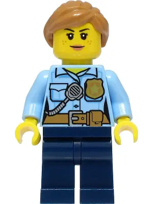 Police - City Officer Female, Bright Light Blue Shirt with Badge and Radio, Dark Blue Legs, Medium N