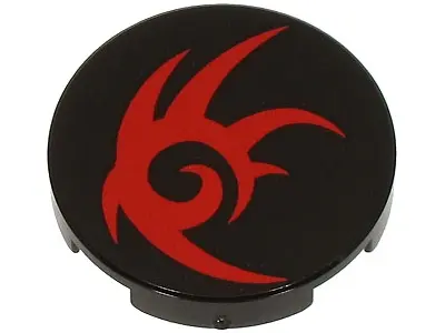 Black Tile, Round 2 x 2 with Bottom Stud Holder with Red Tribal Symbol Pattern (Shadow the Hedgehog 