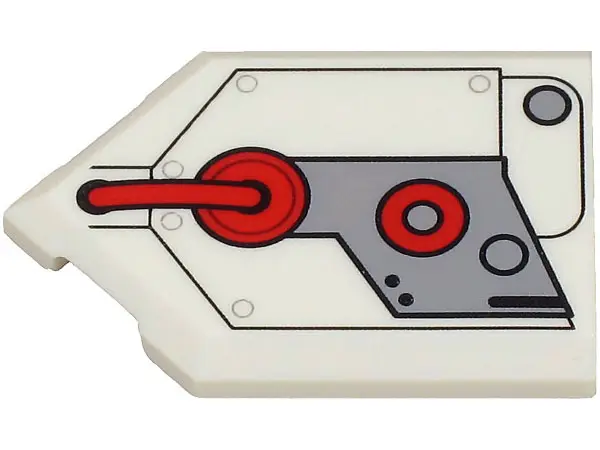 White Tile, Modified 2 x 3 Pentagonal with Light Bluish Gray Engine Cover and Red Hose and Circles P