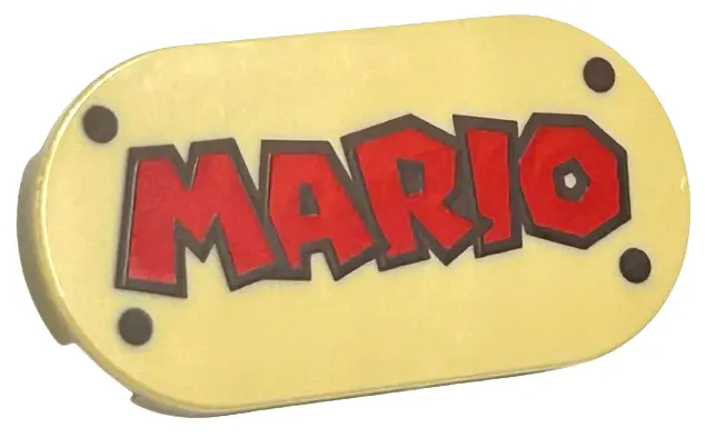Tan Tile, Round 2 x 4 Oval with Red 'MARIO' and Dark Brown Rivets Pattern