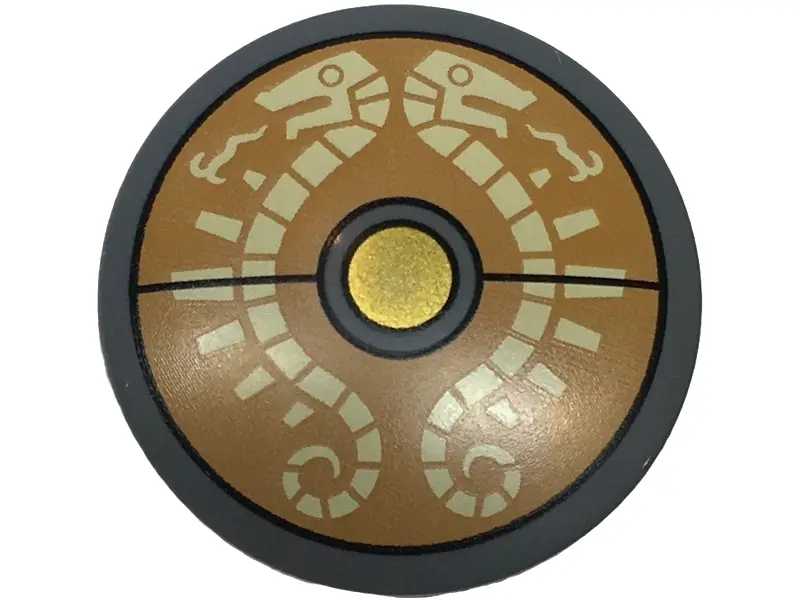 Dark Bluish Gray Minifigure, Shield Circular / Round Convex Face with Tan Skeletal Serpents on Mediu