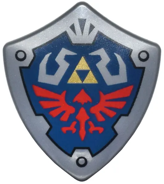 Flat Silver Minifigure, Shield Quadrilateral with Dark Blue Background, Gold Triforce Triangles and 