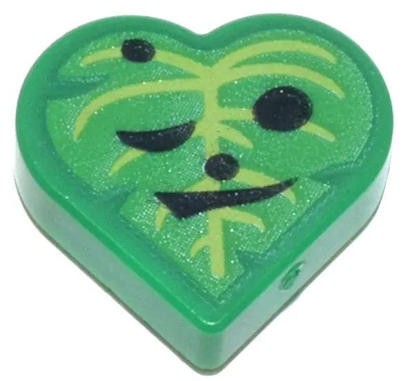 Green Tile, Round 1 x 1 Heart with Bright Green and Lime Leaf with Black Eyes, Nose and Mouth Patter