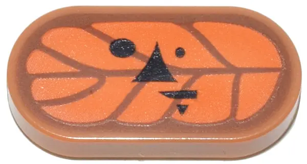 Medium Nougat Tile, Round 1 x 2 Oval with Orange and Dark Orange Leaf with Black Eyes, Nose and Mout