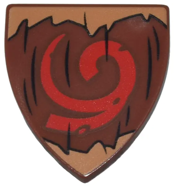 Reddish Brown Minifigure, Shield Triangular Short with Black Wood Grain, Medium Nougat Jagged Edges 