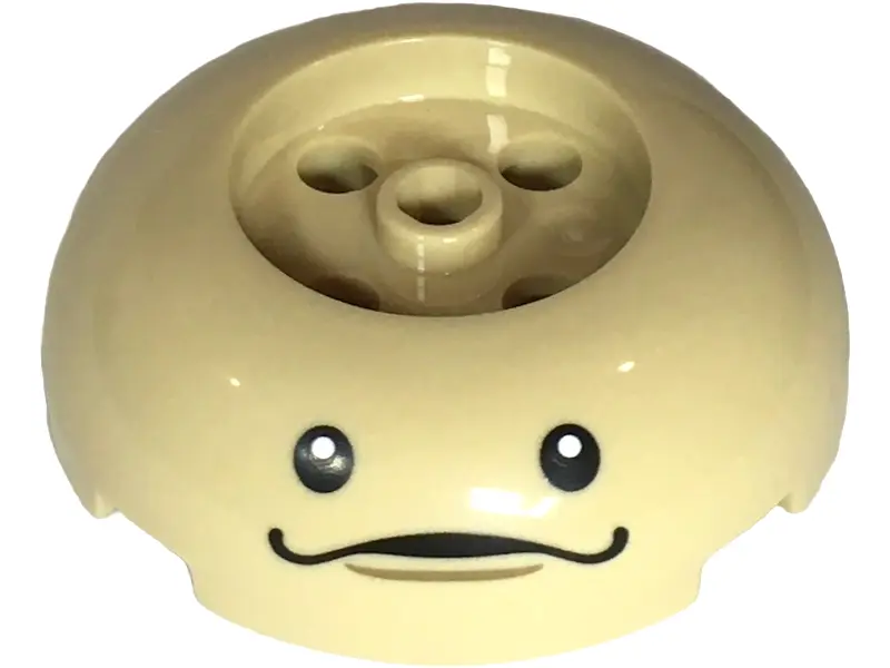 Tan Brick, Round 4 x 4 Dome Top with 2 x 2 Recessed Center with Black Eyes, Mouth and Dark Tan Dimpl