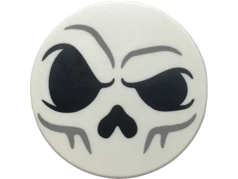 White Tile, Round 3 x 3 with Skull with Black Eyes and Nose and Light Bluish Gray Contours Pattern (