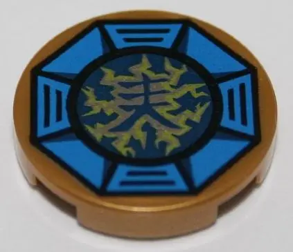 Pearl Gold Tile, Round 2 x 2 with Bottom Stud Holder with Airjitzu Lightning Symbol in Blue Octagon 