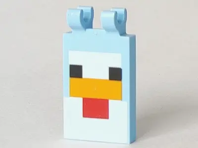 Bright Light Blue Tile, Modified 2 x 3 with 2 Clips with Minecraft Chicken Pattern