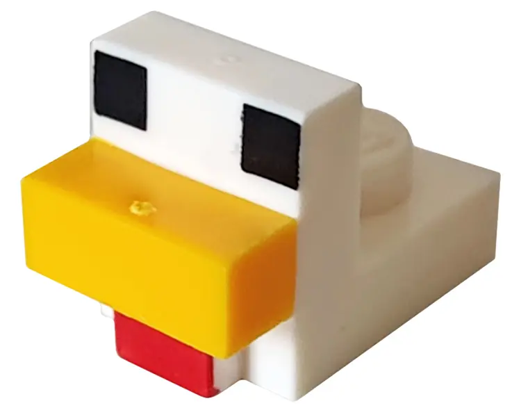 White Creature Head Pixelated with Molded Bright Light Orange Beak and Printed Black Eyes and Red Wa