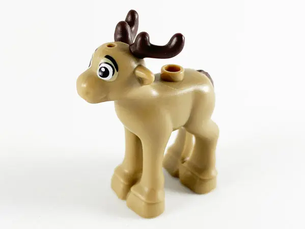 Dark Tan Reindeer, Fawn with Molded Dark Brown Antlers and Tail and Printed Black Eyes and Eyebrows 