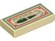 Tan Tile 1 x 2 with 'HOOKS' and Fishing Hook Pattern
