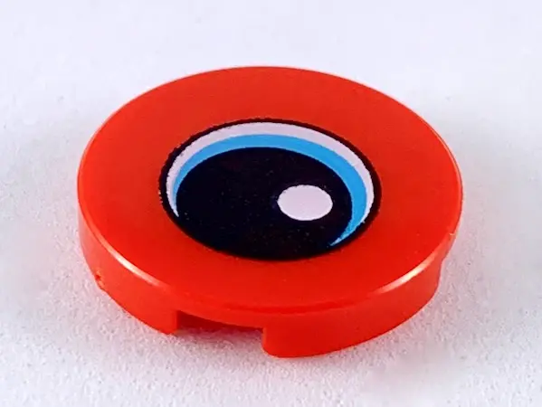 Red Tile, Round 2 x 2 with Bottom Stud Holder with Eye with Medium Azure Iris and Black Pupil Patter