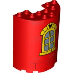 Red Cylinder Half 3 x 6 x 6 with 1 x 2 Cutout with Curved Yellow Window with Bricks and Mickey Mouse
