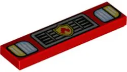 Red Tile 1 x 4 with Headlights and Silver Grille with Fire Logo Badge Pattern
