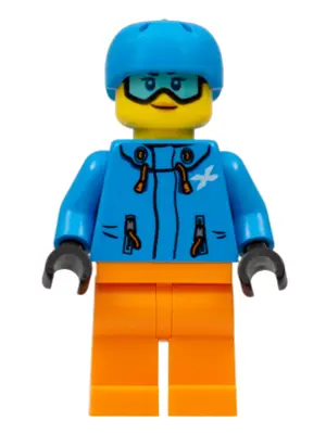 Skier Female, Dark Azure Jacket and Helmet, Goggles with Peach Lips