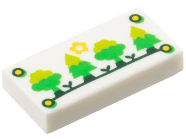 White Tile 1 x 2 with Yellow Flower Sun and Nails and Lime, Bright Green, and Dark Green Trees Patte