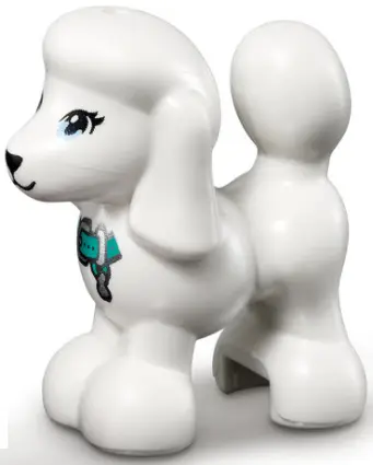 White Dog, Friends Style, Poodle with Bright Light Blue Eyes with Eyelashes, Black Nose, Dark Turquo