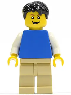Plain Blue Torso with White Arms, Tan Legs, Black Short Tousled Hair