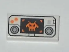 White Tile 1 x 2 with Handheld Video Game with Directional Pads, Orange Buttons, and Pixelated Alien