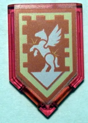 Trans-Red Tile, Modified 2 x 3 Pentagonal with Nexo Power Shield Pattern - Silver Pegasus