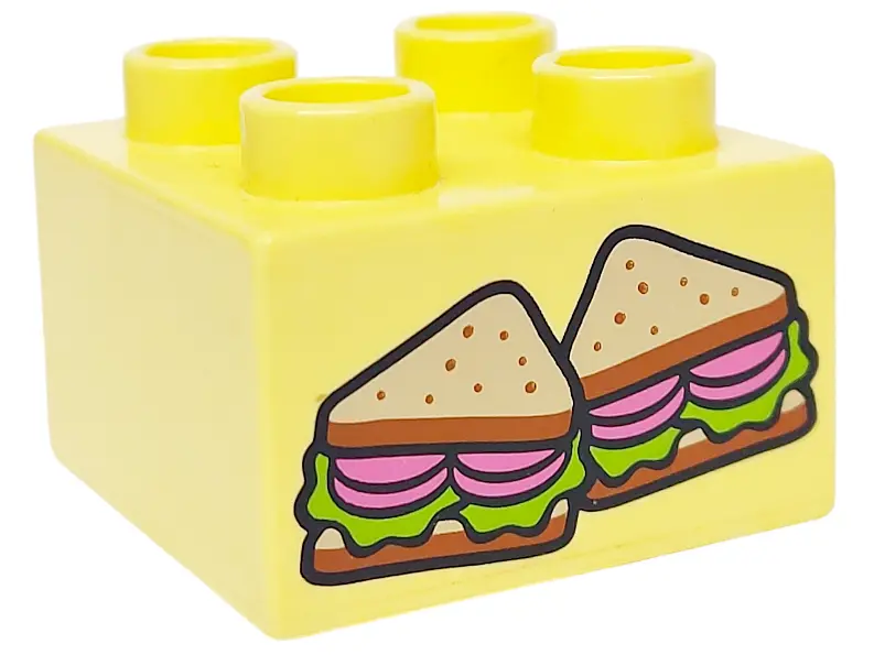 Bright Light Yellow Duplo, Brick 2 x 2 with 2 Sandwich Halves Pattern