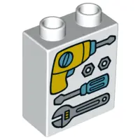 White Duplo, Brick 1 x 2 x 2 with Drill, 2 Bolts, Screwdriver and Adjustable Wrench Tools Pattern