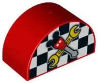 Red Duplo, Brick 2 x 4 x 2 Slope Curved Double with Checkered Flag and Crossed Tools with Mouse Ears