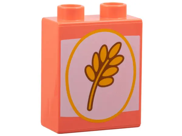 Coral Duplo, Brick 1 x 2 x 2 with Bright Light Orange Wheat Spike in Oval on White Background Patter