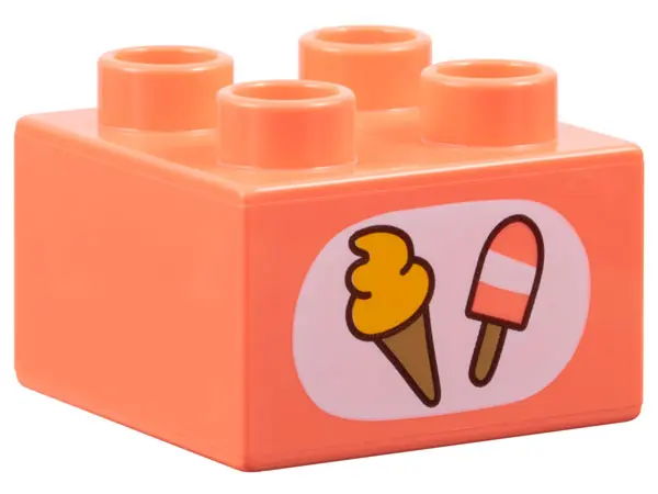 Coral Duplo, Brick 2 x 2 with Ice Cream Cone and Popsicle in White Oval Pattern
