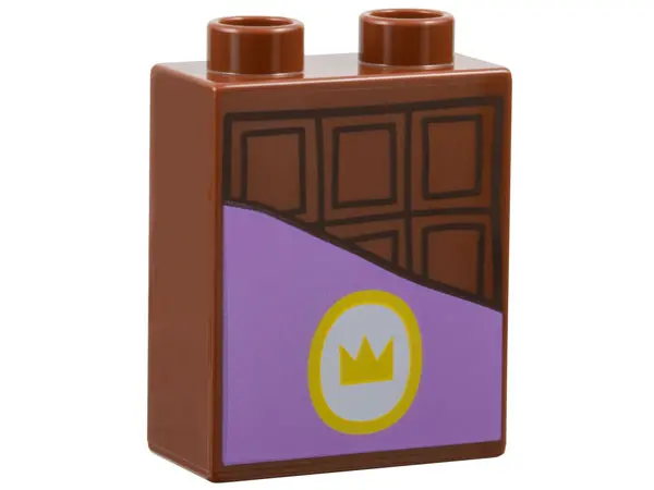 Reddish Brown Duplo, Brick 1 x 2 x 2 with Chocolate Bar, Medium Lavender Label with Gold Oval and Cr