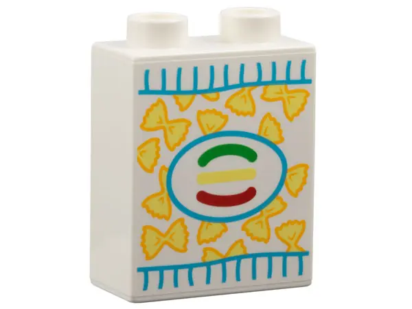 White Duplo, Brick 1 x 2 x 2 with Box Label, Bright Light Yellow Farfalle Bow Tie Pasta Pattern