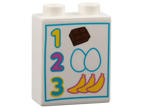 White Duplo, Brick 1 x 2 x 2 with Numbers 1, 2, 3, Chocolate, Eggs and Bananas Pattern